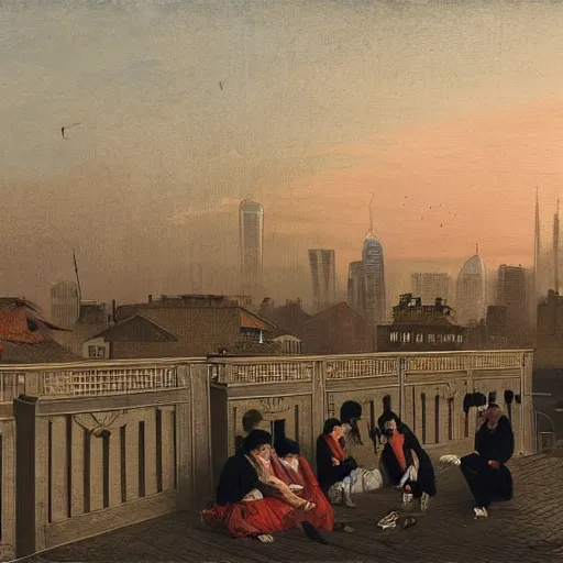 Image similar to a small rooftop with a couple of modern teenagers, standing and talking to each other, wearing black modern clothes, modern shanghai bund is on the background, sunset, by asher brown durand