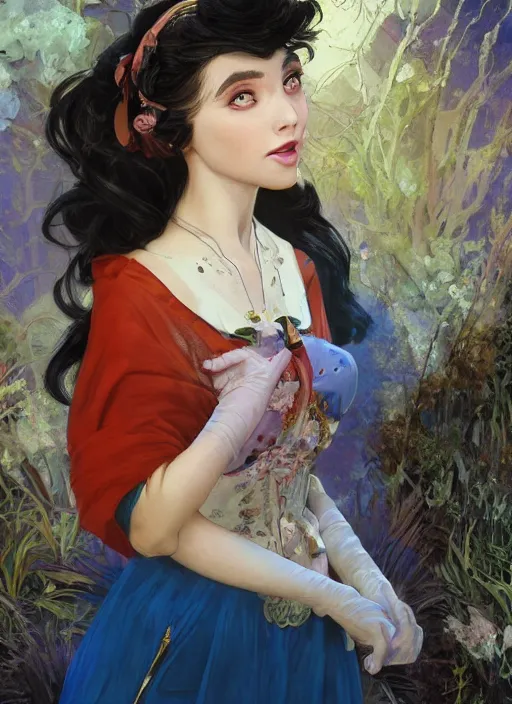 Image similar to disney snow white ( ( ana de armas ) ), dreamscape, girl, masterpiece, intricate, elegant, highly detailed, my rendition, digital painting, artstation, concept art, smooth, sharp focus, illustration, art by artgerm and greg rutkowski and alphonse mucha and uang guangjian and gil elvgren and sachin teng, symmetry!!