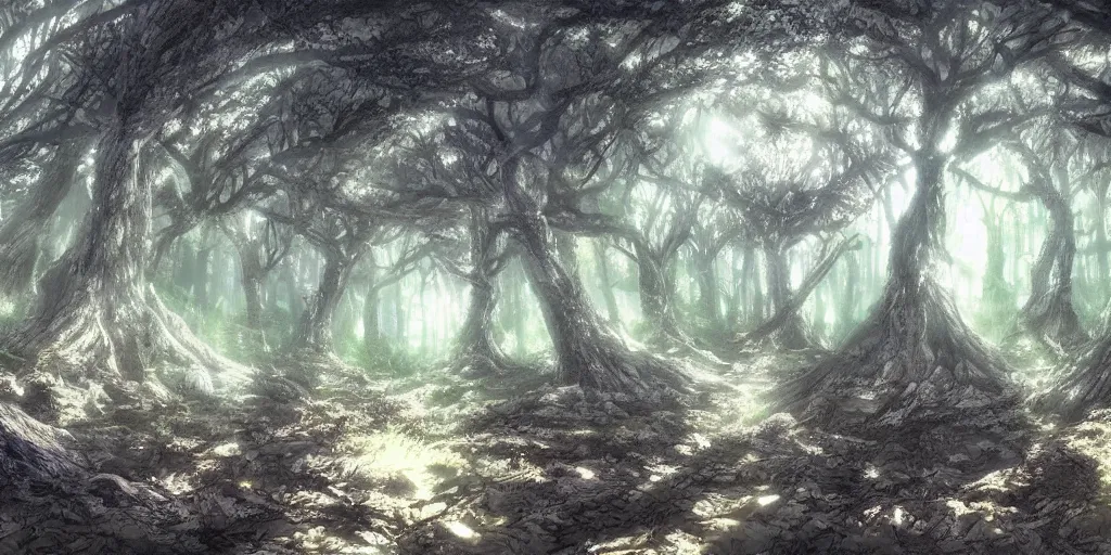 Image similar to a beautiful spiritual forest panorama concept art, by masanori warugai and kentaro miura, atmospheric light