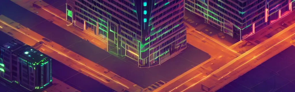 Image similar to an immaculate isometric octane redshift rendering of a futuristic cyberpunk city at night in the fog. ambient occlusion. volumetric lighting.