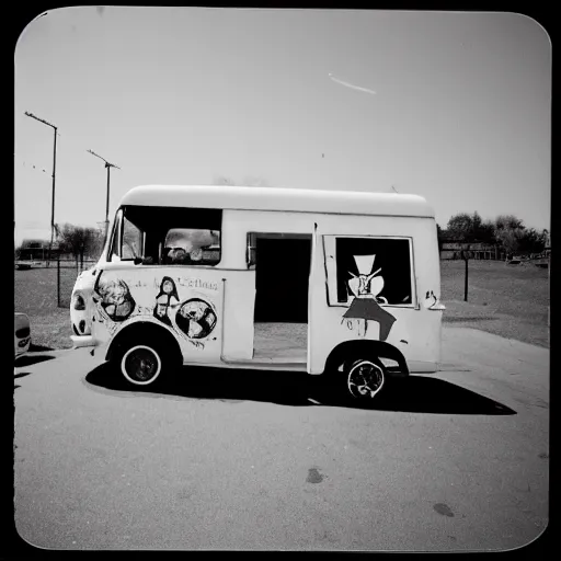 Prompt: ice cream van with creepy shadow man inside, found footage, analog, disposable film, 8 mm