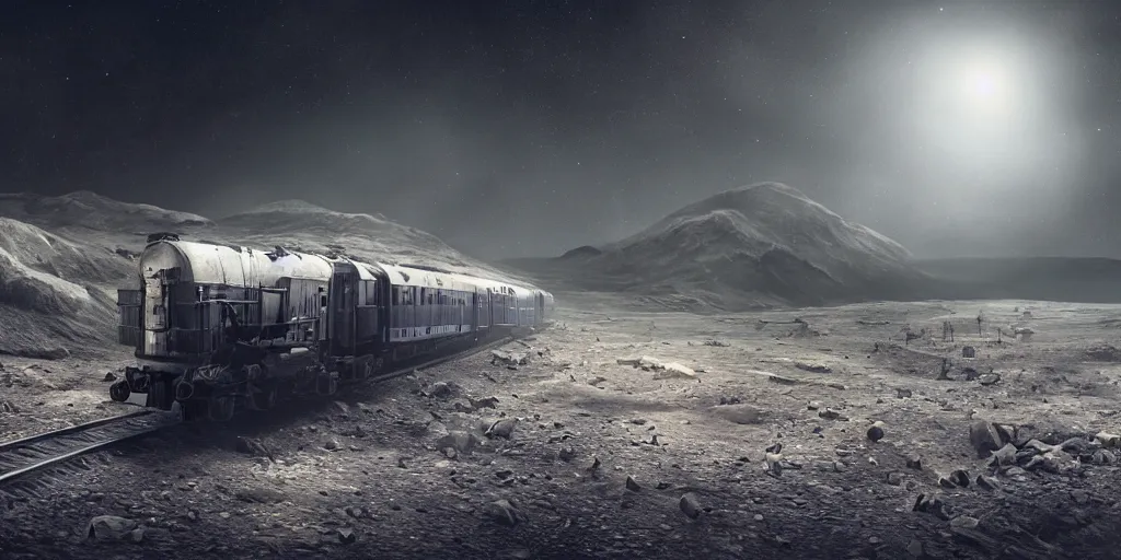 Image similar to ! dream ultra realistic illustration, an outdoor on the moon with an old broken train, lunar landscape, elegant, highly detailed, artstation, concept art, smooth, sharp focus, moody, dramatic lighting