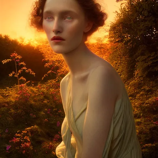 Image similar to photographic portrait of a stunningly beautiful arts and crafts art nouveau secessionist symbolism female in soft dreamy light at sunset, contemporary fashion shoot, by edward robert hughes, annie leibovitz and steve mccurry, david lazar, jimmy nelsson, breathtaking, 8 k resolution, extremely detailed, beautiful, establishing shot, artistic, hyperrealistic, beautiful face, octane render