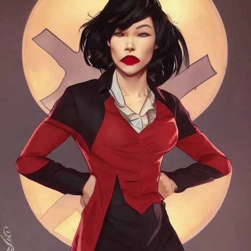 Prompt: cassandra cain wearing a business attire, wearing red lipstick, fighting off criminals, bokeh, beautiful face!!!!, 2 7 years old, cg animation, lifelike, animated, realistic, character select portrait, by artgerm, greg rutkowski, alphonse mucha, 3 d