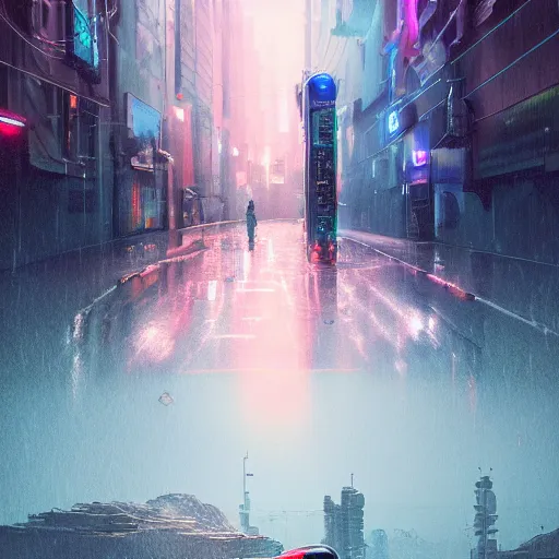 Image similar to many mechanical jellyfishes floating in the street at night after the rain, a mountain in the distance, surreal, cyberpunk, psychedelic, highly detailed, digital art, blade runner 2 0 4 9, darek zabrocki, 8 k