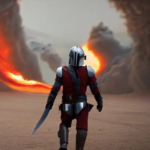 Image similar to the mandolorian walking away from huge explosion, 8k, cinematic, photorealistic