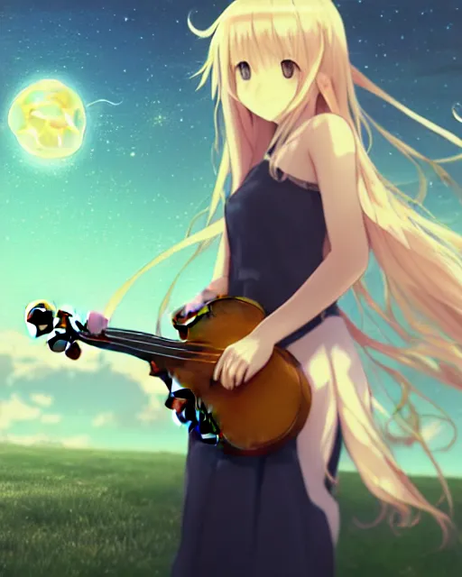 Image similar to teen, cute, full body, a female with white skin and golden long wavy hair holding a violin and playing a song, heavenly, stunning art style, filters applied, lunar time, night sky, trending art, sharp focus, centered, landscape shot, fate zero, simple background, studio ghibly makoto shinkai yuji yamaguchi, by wlop