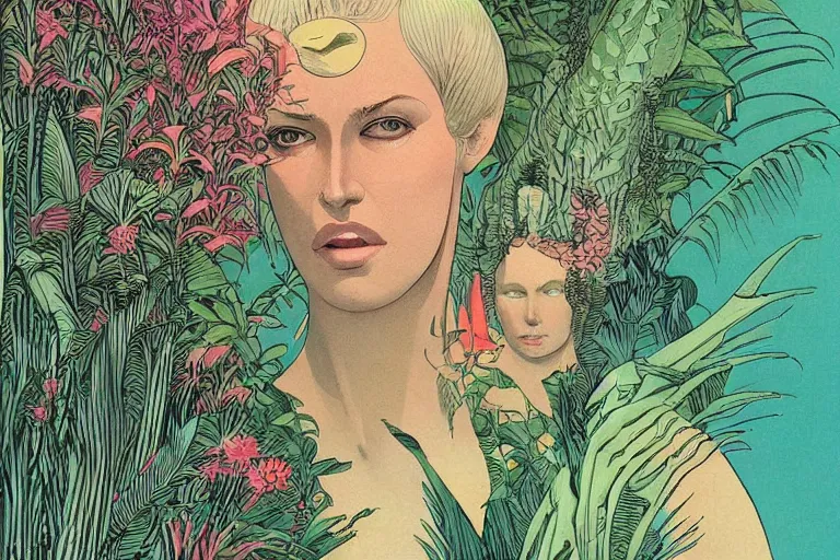 Image similar to gigantic woman head, a lot of exotic vegetation around, trees, flowers, risograph!, oldschool vintage sci - fi flat surreal design, super - detailed, fullshot, painting by moebius