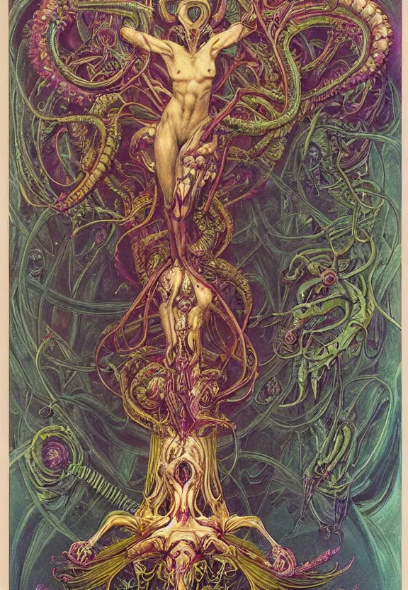 Prompt: simplicity, elegant, colorful glowing muscular cybernetic eldritch, flowers, bodies, radiating, mandala, psychedelic, shadows, by h. r. giger and esao andrews and maria sibylla merian eugene delacroix, gustave dore, thomas moran, pop art, giger's biomechanical xenomorph, art nouveau