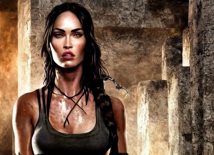 Prompt: film still of!!!! megan fox!!! as lara croft in new tomb raider movie, closeup portrait, exploring interior of torchlit aztec temple, glamour pose, dramatic lighting, octane, mist, volumetric lighting, 8 k