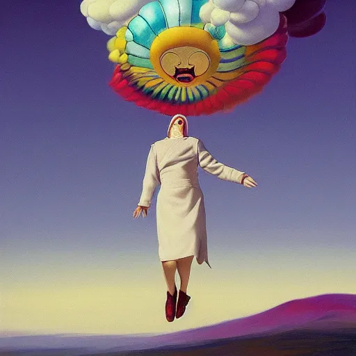 Image similar to Giant iridescent Grandma flying through the air, as a tornado approaches, by Takashi Murakami, Edward Hopper, Bo Bartlett, and Cynthia Sheppard, Artstation