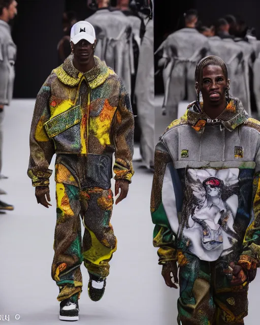 Image similar to hyperrealistic and heavy detailed 2022 poptart balenciaga runway show of travis scott and master chief , Leica SL2 50mm, vivid color, high quality, high textured