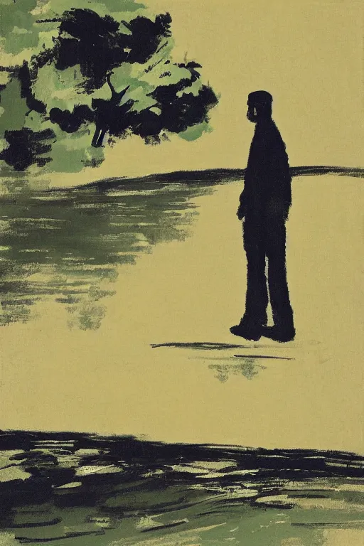 Prompt: man standing by a river, 1960’s minimalist advertising illustration, painterly, expressive brush strokes