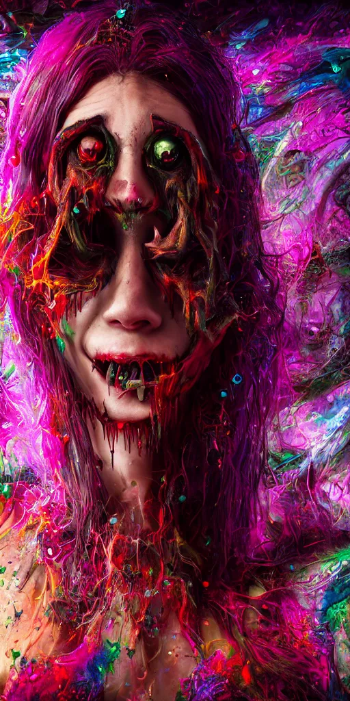 Image similar to impossibly beautiful vampire with large vampire fangs, full body, intricate complexity, surreal horror, psychedelic glitch art, rainbow drip paint, trending on art station, photoreal, 8 k, octane render
