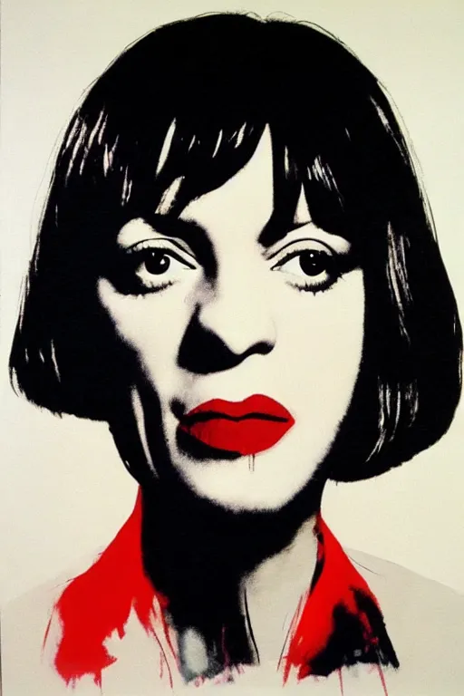 Image similar to mia wallace from pulp fiction painted by andy warhol