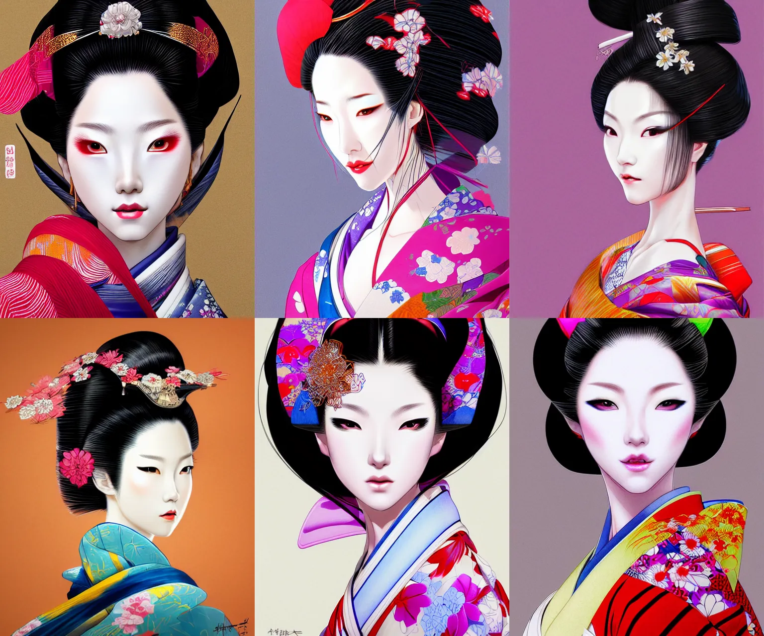 Prompt: portrait of a geisha, fashion, beautiful, elegant colorful, artstation trending, deviantart, highly detailed, focus, smooth, by hirohiko araki, yoshitaka amano