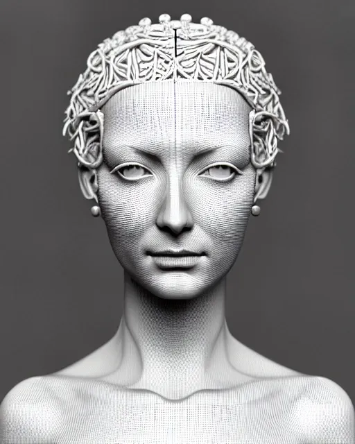 Image similar to bw 3 d render of a beautiful female queen - cyborg - vegetal, intricate fractal ornament in the bust with a very long neck, elegant, highly detailed intricate rococo ornament in her blond long hair, realistic, refined, highly detailed, cinematic outdoor lighting, by flora borsi in the style of dora maar, volumetric lighting, hyper realistic photography