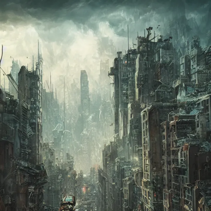 Prompt: an epic fantasy comic book style landscape painting of post - apocalyptic new york city, dark clouds hyper detailed ultra sharp sharp focus, studio ghibli, unreal 5, hyperrealistic, octane render, dramatic lighting, intricate detail, cinematic, dark atmosphere