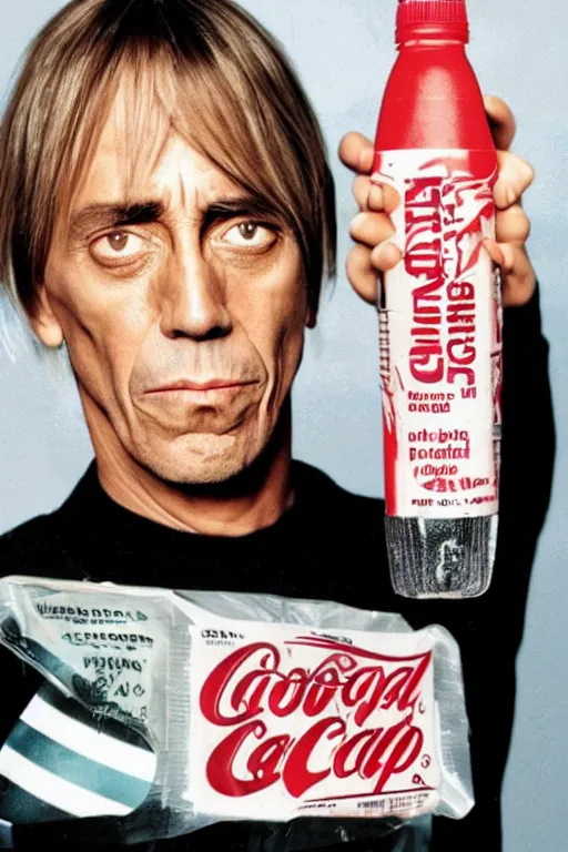 Prompt: a plastic bottle of sodapop with iggy pop's face on the label