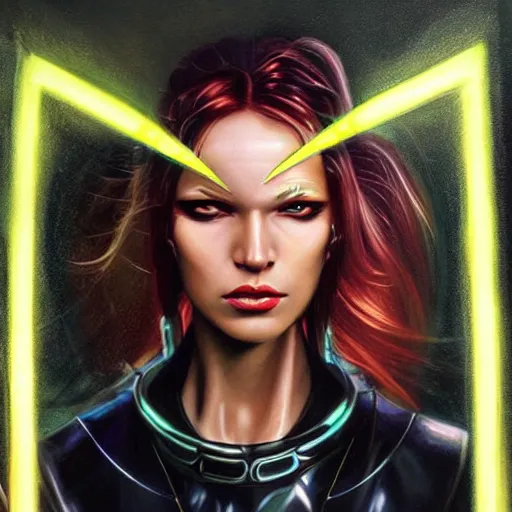 Prompt: a painting of a woman with a lightning bolt radiating from her temples, cyberpunk art by mark brooks, trending on deviantart, fantasy art, dystopian art, darksynth, quantum wavetracing
