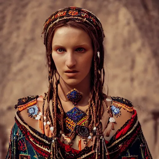 Prompt: portrait of a stunningly beautiful eastern european tribal female, depth of field, zeiss lens, detailed, symmetrical, centered, fashionc photoshoot, by Annie Leibovitz and Steve McCurry, David Lazar, Jimmy Nelsson, Breathtaking, 8k resolution, extremely detailed, beautiful, establishing shot, artistic, hyperrealistic, beautiful face, octane render