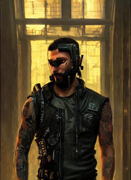 Image similar to clever Anders. cyberpunk mercenary with tattoos wearing a military vest and combat gear. (Cyberpunk 2077, bladerunner 2049). Iranian orientalist portrait by john william waterhouse and Edwin Longsden Long and Theodore Ralli and Nasreddine Dinet, oil on canvas. Cinematic, hyper realism, realistic proportions, dramatic lighting, high detail 4k