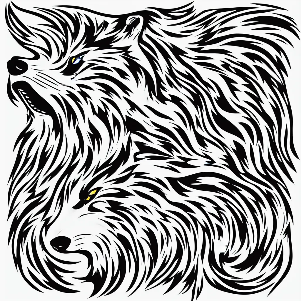 Prompt: a vector based illustration about howling wolf in the style of die cut sticker, negative space is mandatory, no gradients, black ink on white background, smooth curves, vector spline curve style