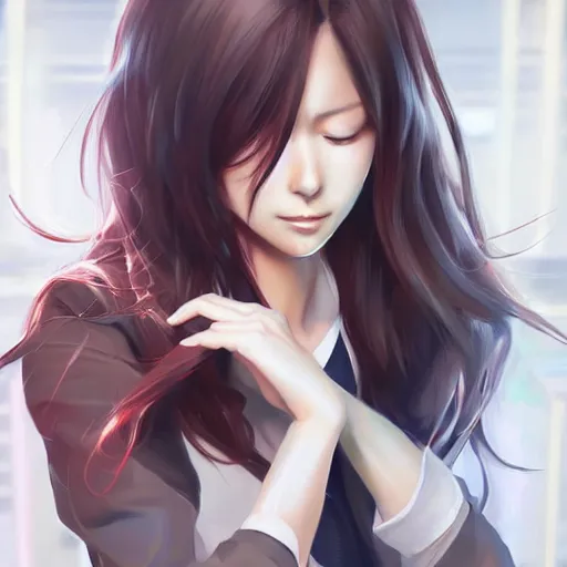 Image similar to kurisu makise, concept art, elegant, ultra highly detailed, digital painting, smooth, sharp focus, artstation, pixiv, art by Ina Wong, artgerm, rossdraws, sakimichan