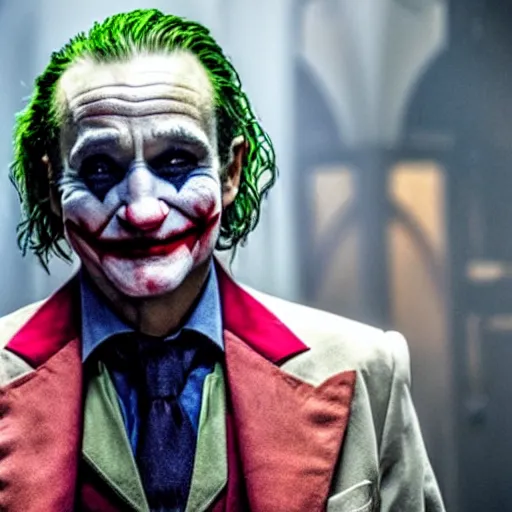 Image similar to stunning awe inspiring ( robin williams ) as the joker 8 k hdr movie still atmospheric lighting