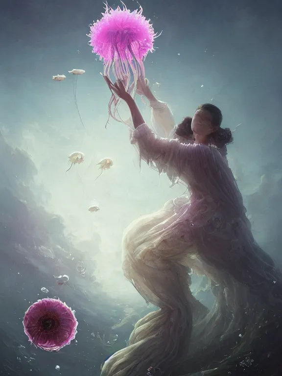 Image similar to a fancy portrait of a giant floating flower and jellyfish by Greg Rutkowski, Sung Choi, Mitchell Mohrhauser, Maciej Kuciara, Johnson Ting, Maxim Verehin, Peter Konig, Bloodborne, beeple, 8k photorealistic, cinematic lighting, HD, high details, atmospheric , trending on artstation. made in Maya, Blender and Photoshop, octane render, excellent composition, cinematic dystopian brutalist atmosphere, dynamic dramatic cinematic lighting, aesthetic, very inspirational, arthouse. y Greg Rutkowski, Ilya Kuvshinov, WLOP, Stanley Artgerm Lau, Ruan Jia and Fenghua Zhong