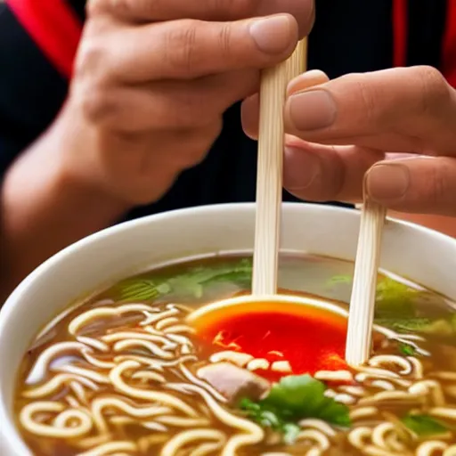 Image similar to a close up picture of a man eating shin ramyun from a cup high detailed, 4 k