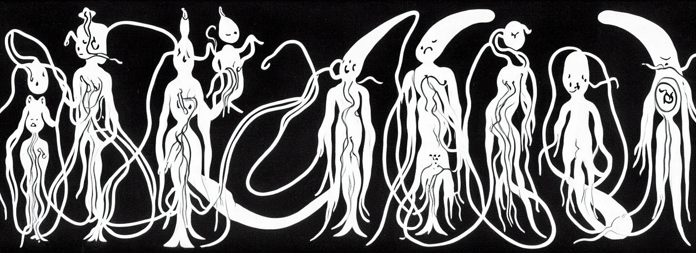 Image similar to whimsical uncanny creatures with flagella shaped like yin yangs from the depths of the collective unconscious, dramatic lighting, surreal dark 3 0 s cartoons