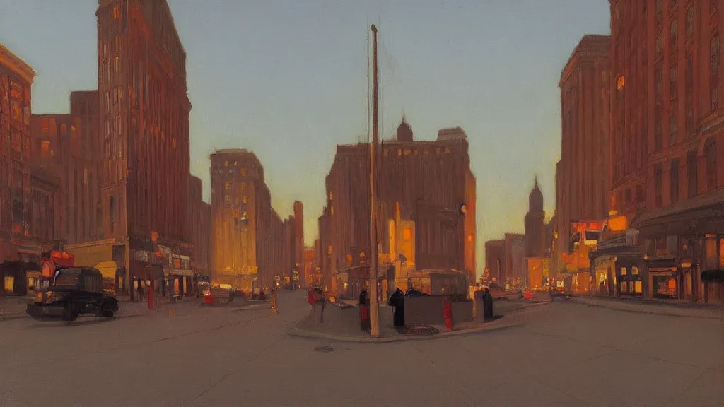 Prompt: city street at dusk by james gurney and edward hopper