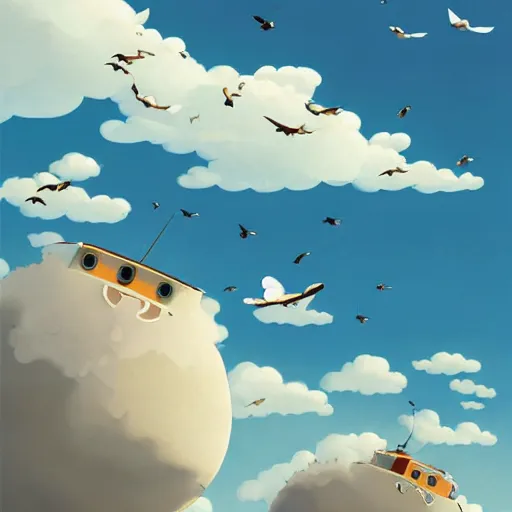 Image similar to Sky full of fluffy clouds with a family of seagulls trying to fish in the sea, ilustration art by Goro Fujita