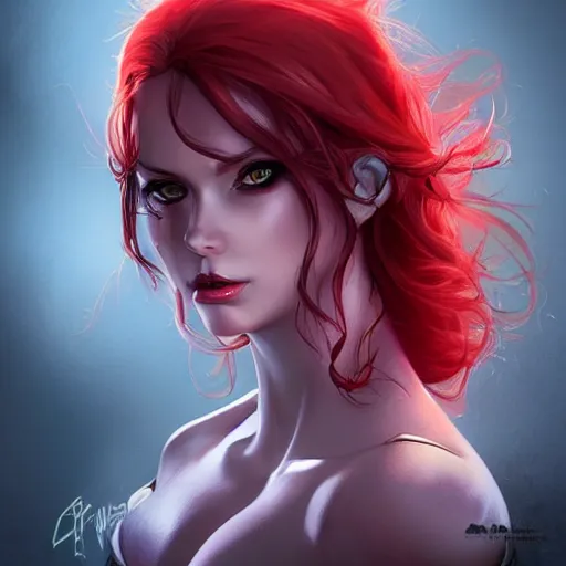 Prompt: princess of darkness, style of rutkowski, artgerm comic, piercing eyes, long glowing red hair, cinematic, highly detailed, award winning