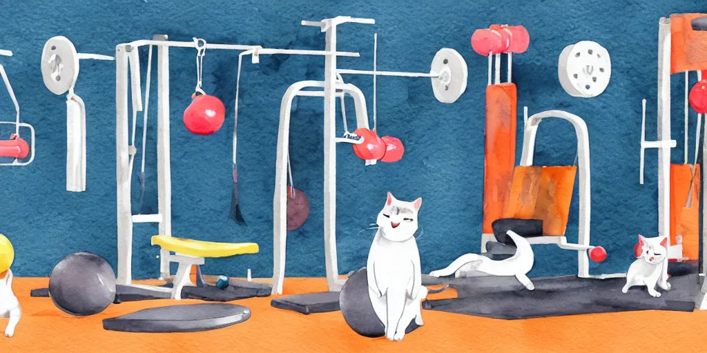 Image similar to watercolor illustration style, cute! cats training in fitness studio, sport equipment lay near