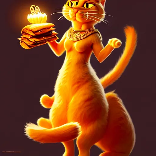 Image similar to fullbody!! personification of garfield the cat as a goddess holding lasagna, stunning, hyperrealistic, trending on artstation, smooth and sharp, intricate, fine details, elegant, religious, dynamic pose, radiant light, detailed and intricate environment, professional character concept art by tatyana kupriyanova and greg rutkowski and raymond swanland