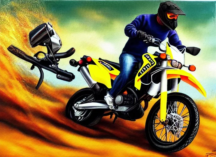 Image similar to Otter riding a DRZ 400s, realism painting, 8k, detailed,