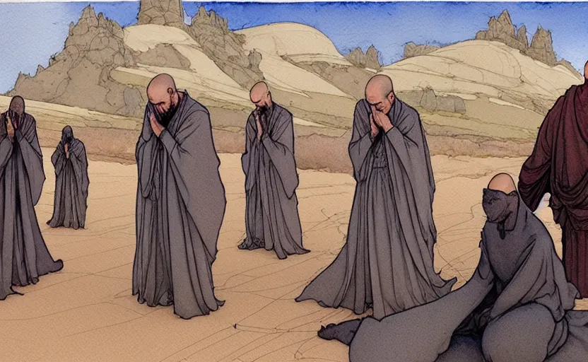 Prompt: a hyperrealist watercolour concept art of a medieval monk in grey robes kneeling in prayer on a desert road. a large space - time bending portal is above them in the sky. by rebecca guay, michael kaluta, charles vess and jean moebius giraud. high detail, hq, wide shot