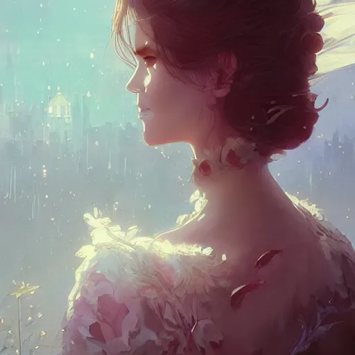 Image similar to lady at a wedding, intricate complexity, by greg rutkowski, artgerm, ross tran, conrad roset, takato yomamoto, ilya kuvshinov. 4 k, beautiful, cinematic dramatic atmosphere