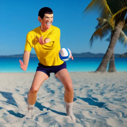 Image similar to Mr. Spock playing volleyball, smiling, sunny, beach, ultra realistic