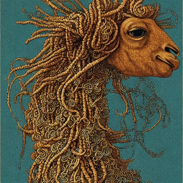 Prompt: llama with dreadlocks, by otomo katsuhiro, ernst haeckel, james jean