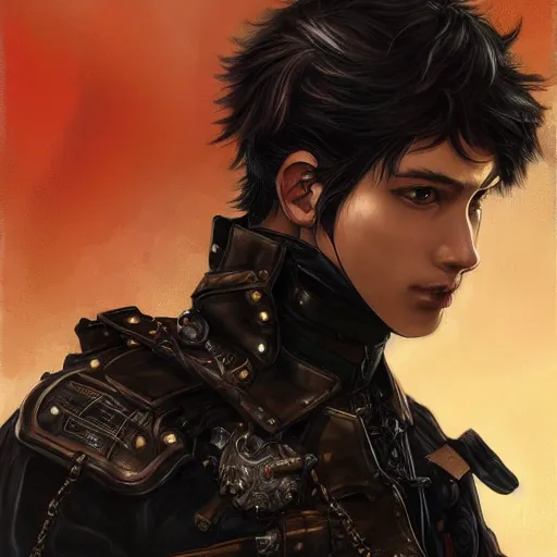 Image similar to portrait of a man by ayami kojima, black, he is about 2 0 years old, short black hair, annoyed older brother vibes, he is wearing a steampunk tactical gear, highly detailed portrait, digital painting, artstation, concept art, smooth, sharp foccus ilustration, artstation hq