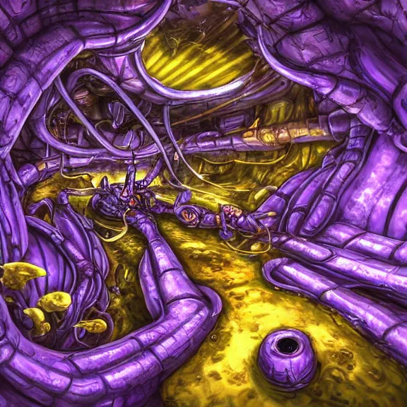 Image similar to detailed shot inside a cavernous living stomach of a giant mecha dragon, the walls purple and pulsing, slimy and hot, lots of acid pooling up on the floor, digesting a bunch humans that ended up inside, food pov, micro pov, vore, digital art, furry art, high quality, 8k 3D realistic, macro art, micro art, Furaffinity, Deviantart, Eka's Portal, G6