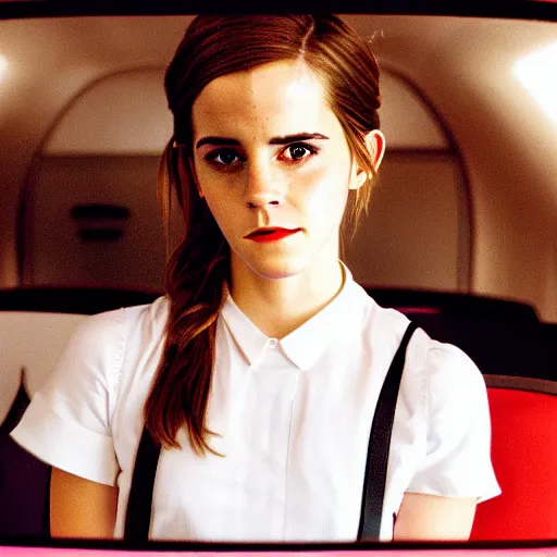 Image similar to emma watson, inside airplane, film still, fujifilm reala, low tonal contrast,