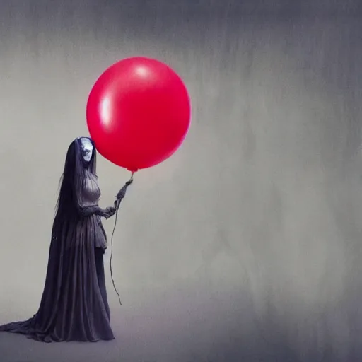 Prompt: matte painting of Billie eilish with a wide smile and a red balloon by Zdzisław Beksiński, loony toons style, pennywise style, corpse bride style, creepy lighting, horror theme, detailed, elegant, intricate, conceptual, volumetric light