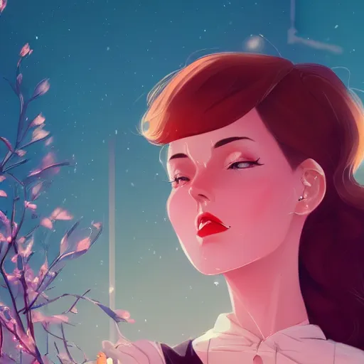 Image similar to a beautiful woman in 1950\'s fashion, park landscape, 4k, anime key visual, lois van baarle, ilya kuvshinov, rossdraws, artstation