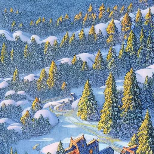 Prompt: An aerial view of a narrow valley, winter time, dark pine trees, a small village, a tall castle guarding one end, fantasy style, Dungeons and Dragons, art by Moebius, art by James Gurney, hyper detailed, high quality