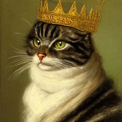 Prompt: a very fluffy dark tabby cat with green eyes wearing aristocratic robes and a golden necklace and a crown in the style of Rembrandt