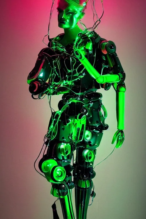 Image similar to full-body baroque and bladerunner style green neon and ceramic statue of a muscular attractive Spanish robot god humanoid wearing a see-through silk cloak sim roupa, posing like a falling model, suspended from the ceiling with thick neon cables, glowing mint face, crown of red steampunk lasers, emeralds, swirling silver silk fabric. futuristic elements. oozing glowing liquid, full-length view. space robots. human skulls. throne made of bones, intricate artwork by caravaggio. Trending on artstation, octane render, cinematic lighting from the right, hyper realism, octane render, 8k, depth of field, 3D